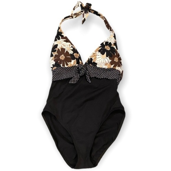 La Blanca One Piece Swimsuit Black Browns Floral Polka Dot Size 8 High Cut Leg - Picture 1 of 8